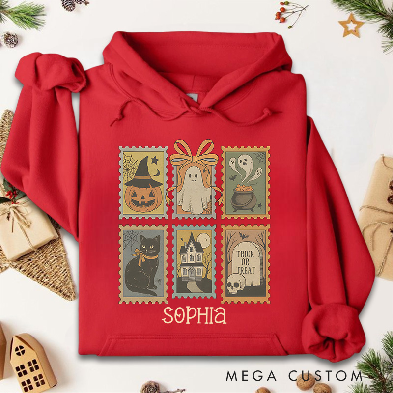 Personalized Vintage Halloween Postage Stamps with Spooky Icons Hoodies