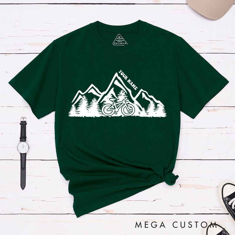 Personalized Mountain Adventure Cycling T-Shirt with a Cyclist Silhouette for Outdoor Adventures Riding Cycling Biking Enthusiasts