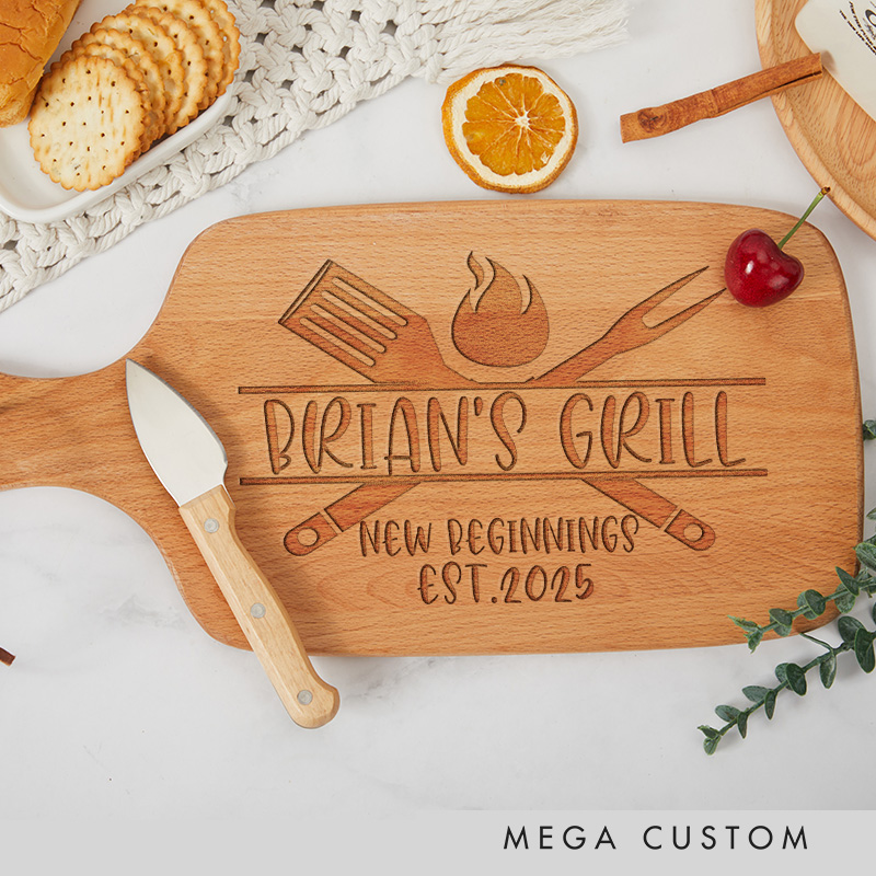 Personalized Grill Tools Housewarming Wooden Cutting Board with Customizable Name and Date for Grill Masters