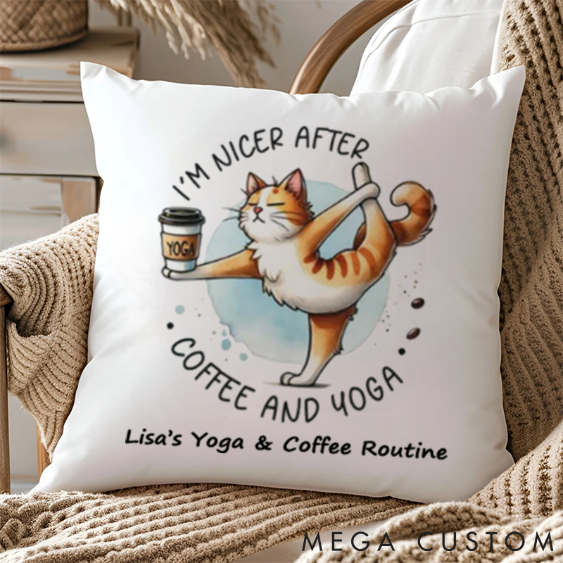 Personalized Yoga Cat Pillows with Coffee and Yoga Theme Custom Name Yoga Pillows Gift Idea for Yoga Lover