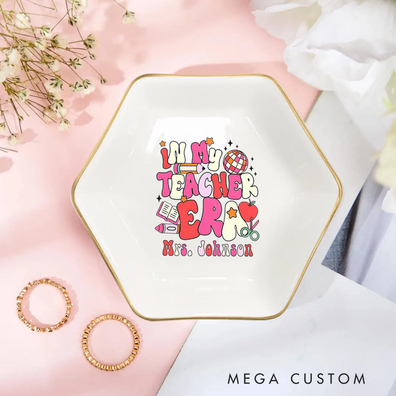 Personalized Jewelry Dish for Teacher in My Teacher Era Gold Rim Hexagon Ring Dish Teacher Appreciation Gift