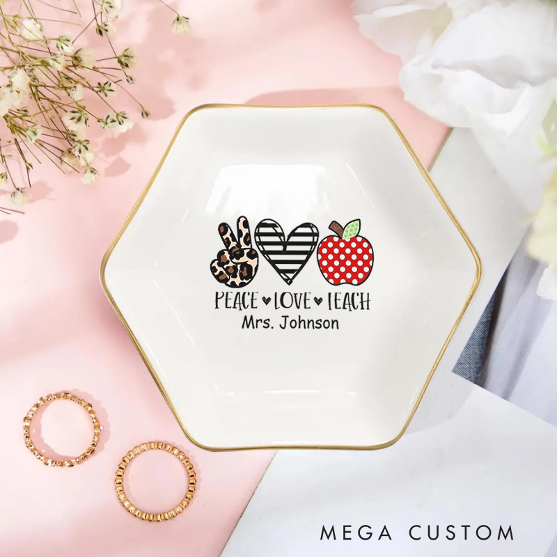 Personalized Jewelry Dish for Teacher Peace Love Teach Gold Rim Hexagon Ring Dish Teacher Appreciation Gift