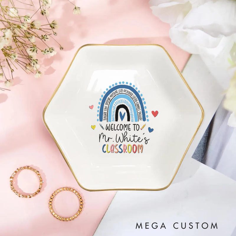 Personalized Jewelry Dish for Teacher Colorful Hand Drawn Rainbow Gold Rim Hexagon Ring Dish Teacher Appreciation Gift