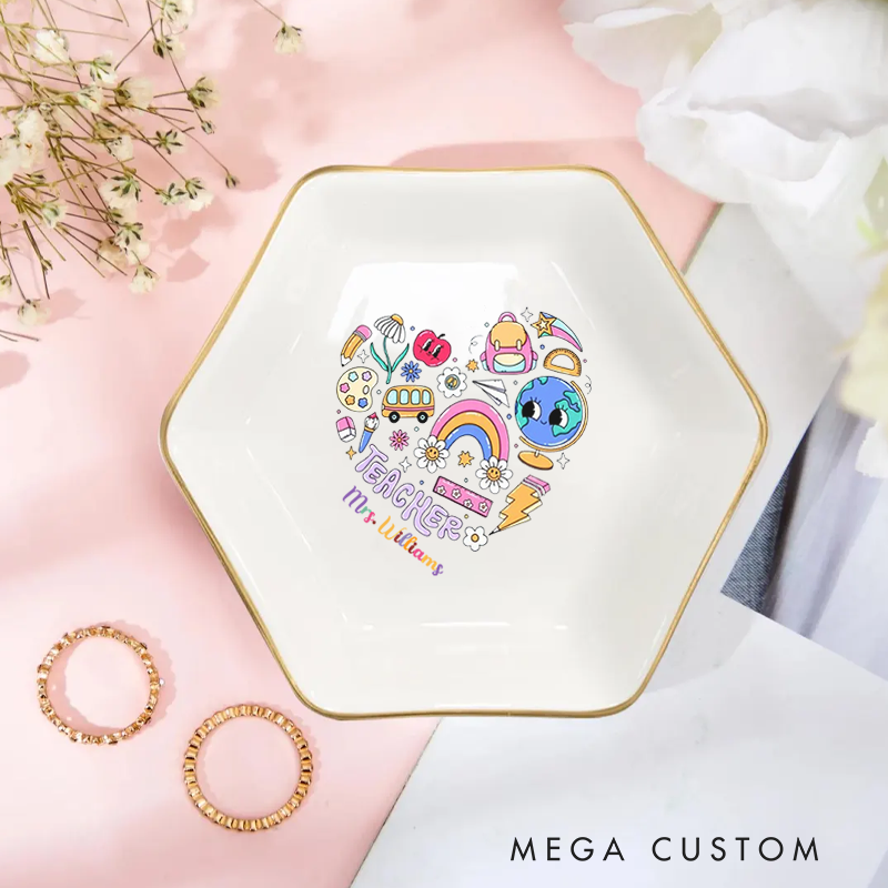 Personalized Jewelry Dish for Teacher School Related Elements Arranged in a Heart shape Gold Rim Hexagon Ring Dish Teacher Appreciation Gift