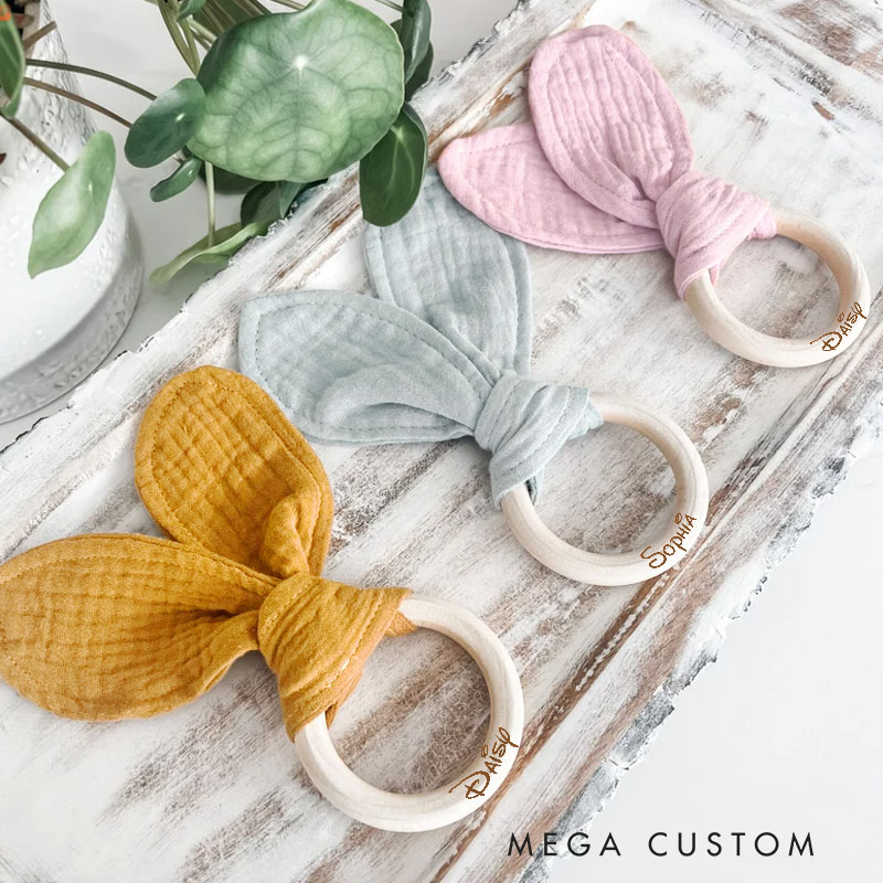 Personalized Whimsical Script Name Engraved Wooden Toy for Baby Playful and Sweet Bunny Ear Baby Rattle Gift for New Baby
