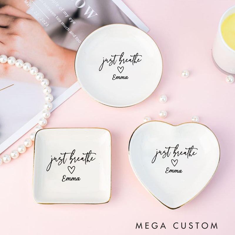 Personalized Just Breath Ring Dishes Yoga Girl Jewelry Dish Anniversary Gift for Yoga Lover