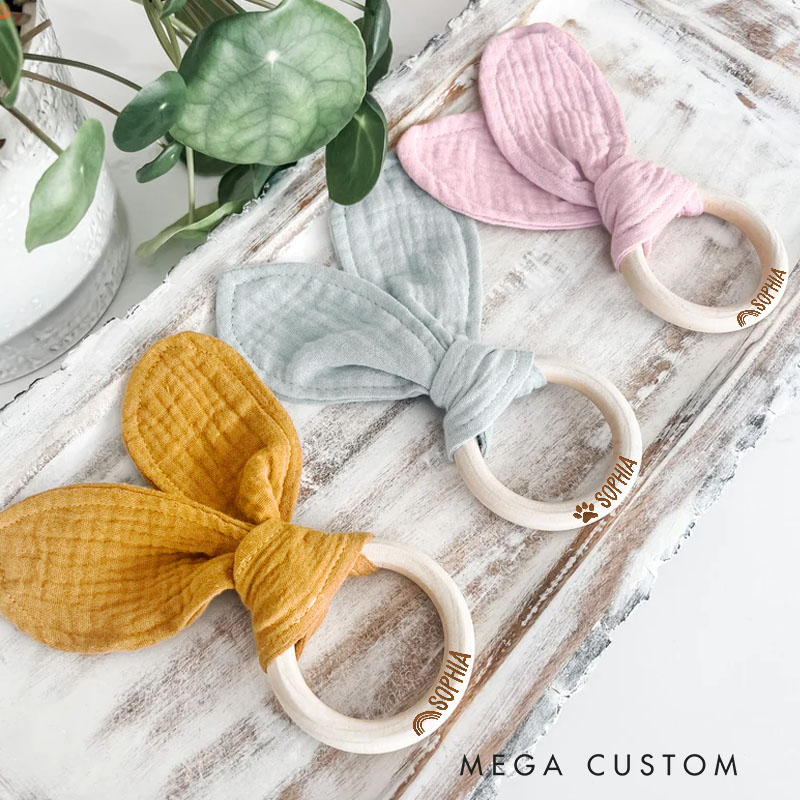 Personalized Design with Name Engraved Wooden Toy for Babies Bright and Cheerful Bunny Ear Baby Rattle New Baby Girl Boy Gift