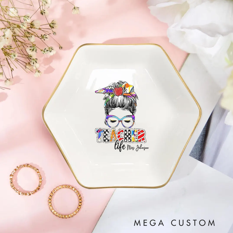 Personalized Jewelry Dish for Teacher Illustration of a teacher with Glasses Teacher Life Gold Rim Hexagon Ring Dish Teacher Appreciation Gift