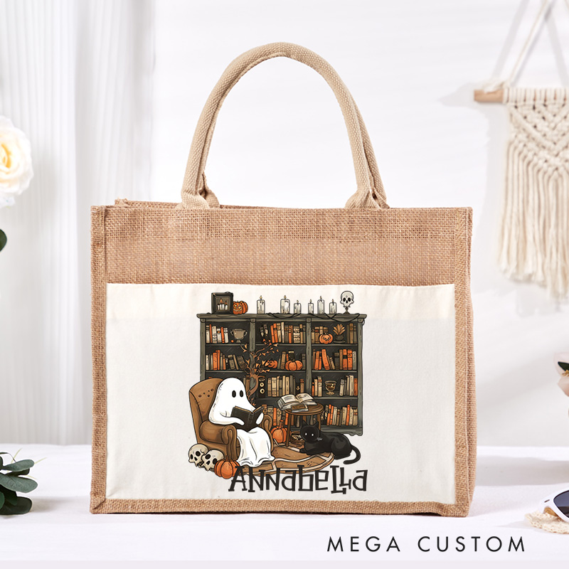 Personalized Retro Ghost Reading Books Tote Bag Book Lover Bag with Name Halloween Burlap Bag Halloween Gifts Librarian Gift Book Lover Gift
