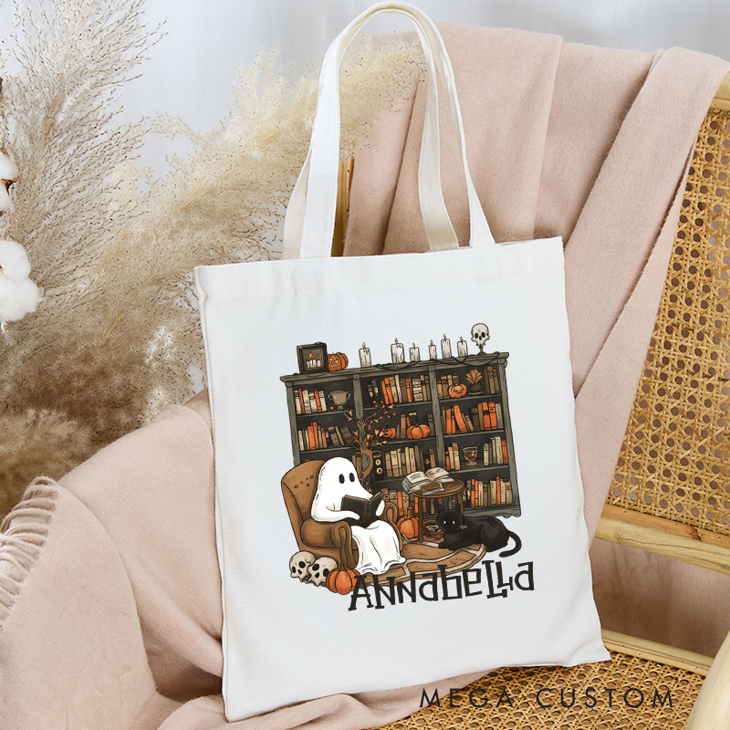 Personalized Retro Ghost Reading Books Tote Bag Book Lover Bag with Name Halloween Canvas Bag Halloween Gifts Librarian Gift Book Lover Gift