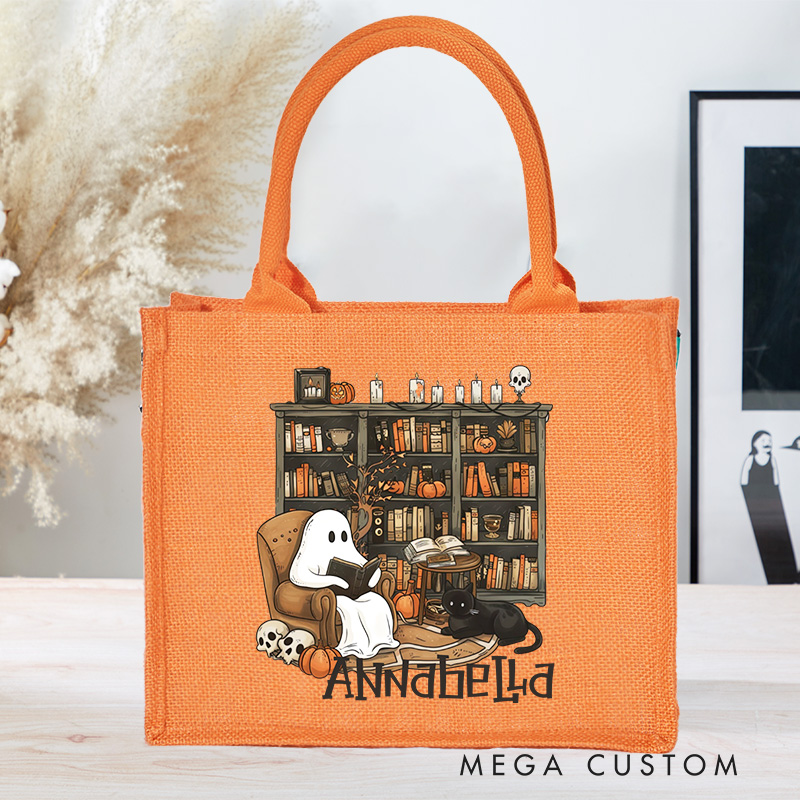 Personalized Retro Ghost Reading Books Tote Bag Book Lover Bag with Name Halloween Burlap Bag Halloween Gifts Librarian Gift Book Lover Gift