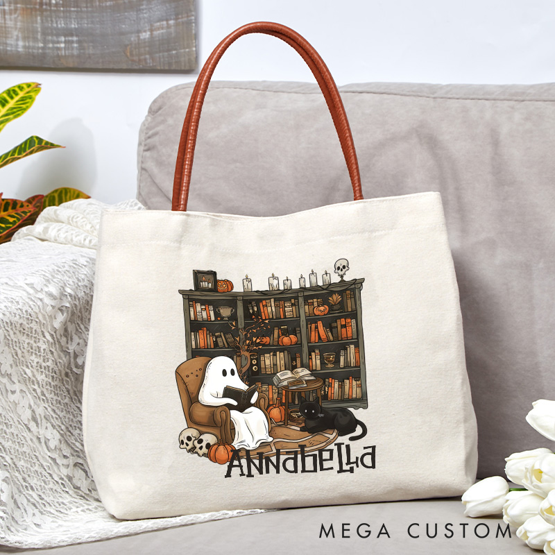 Personalized Retro Ghost Reading Books Tote Bag Book Lover Bag with Name Halloween Tote Bag Halloween Gifts Librarian Gift Book Lover Gift