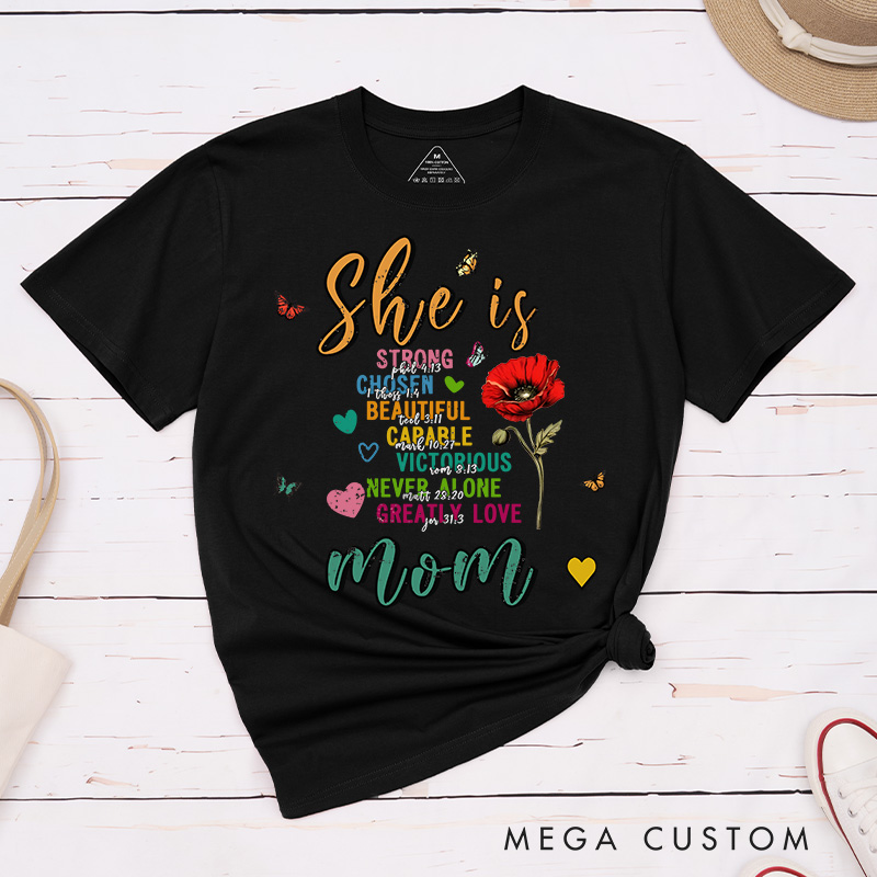 Personalized Bible Verse She Is Strong Butterfly Birth Flower Classic T-Shirt with Nickname Mother's Day Birthday Gift for Women