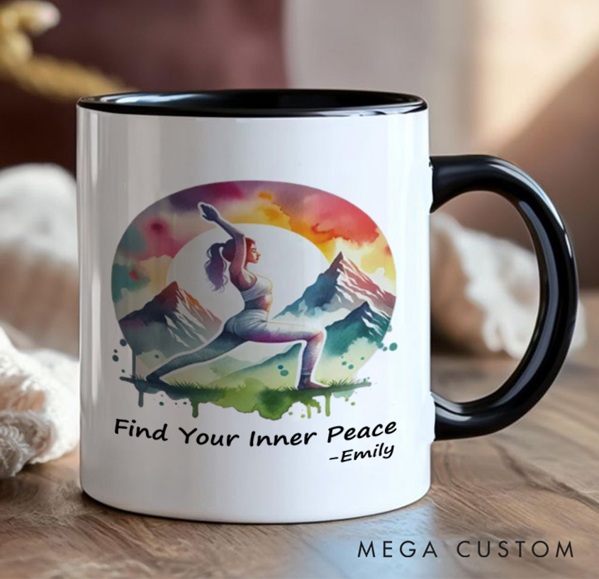 Personalized Yoga Mug with Nature Scene Artistic Design Custom Name Perfect Gift for Yoga Lover