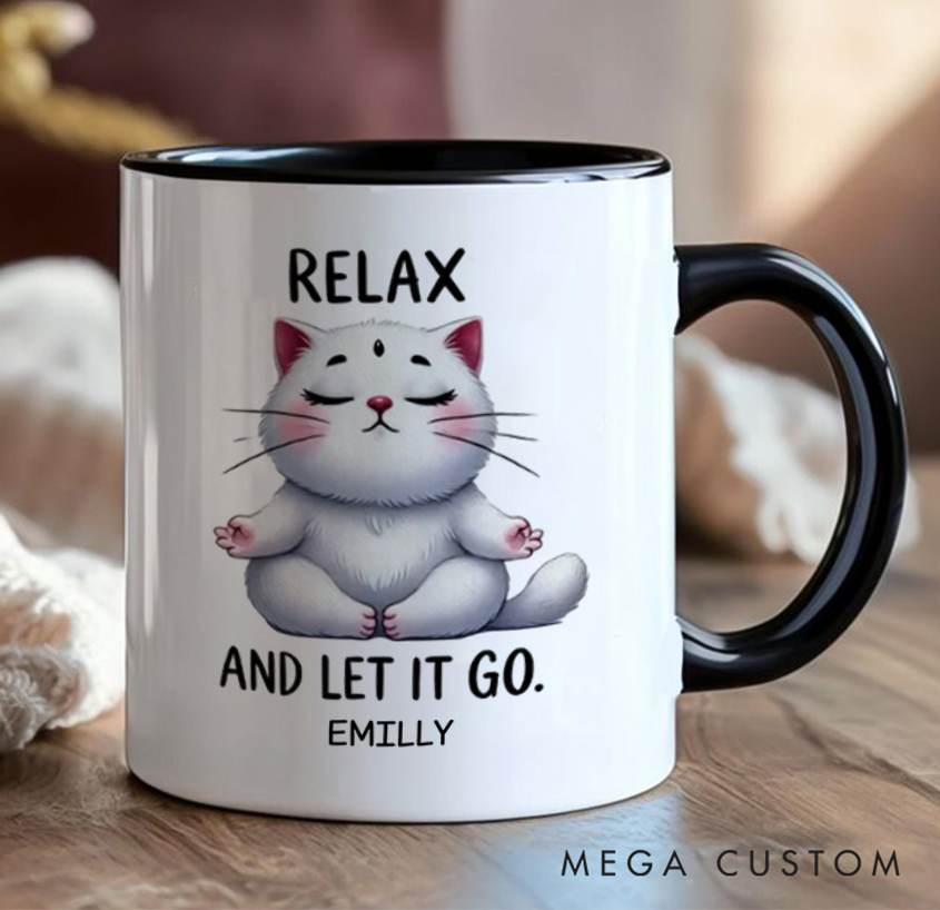 Personalized Cat Mug with Relaxing Meditation Design Custom Name Perfect Gift for Yoga Lover and Cat Lover