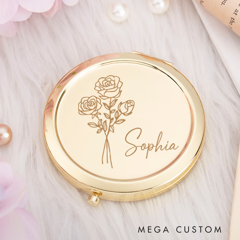 Personalized Engraved Birth Flower Pocket Makeup Mirror Gifts for Her Birthday Gift