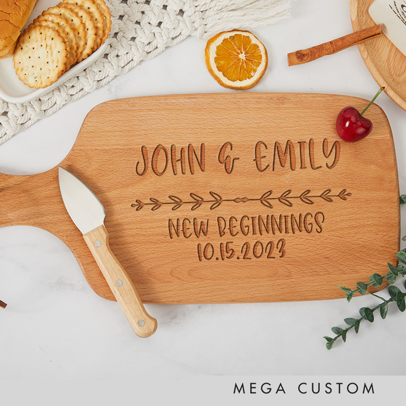Personalized New Beginnings Wooden Cutting Board with Custom Names and Date for Housewarming Gifts