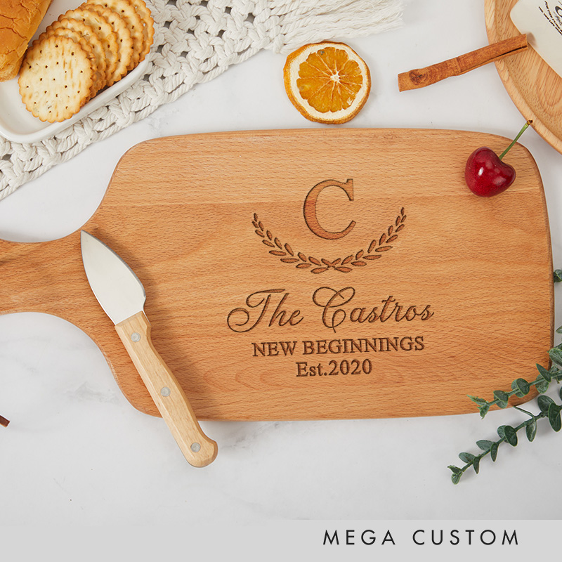 Personalized New Beginnings Cutting Board with Custom Name and Date for Housewarming Gifts