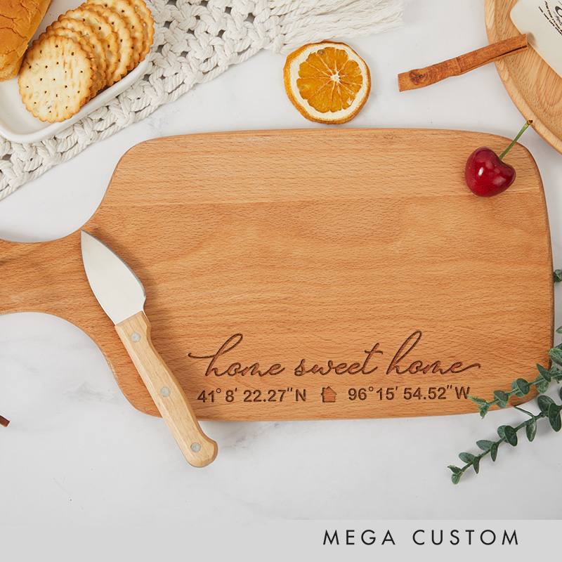 Personalized Home Sweet Home Wooden Cutting Board with Custom Coordinates for Housewarming Gifts