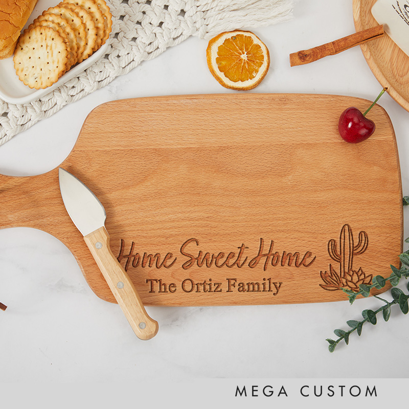 Personalized Home Sweet Home Wooden Cutting Board with Cactus and Custom Family Name for Housewarming Gifts