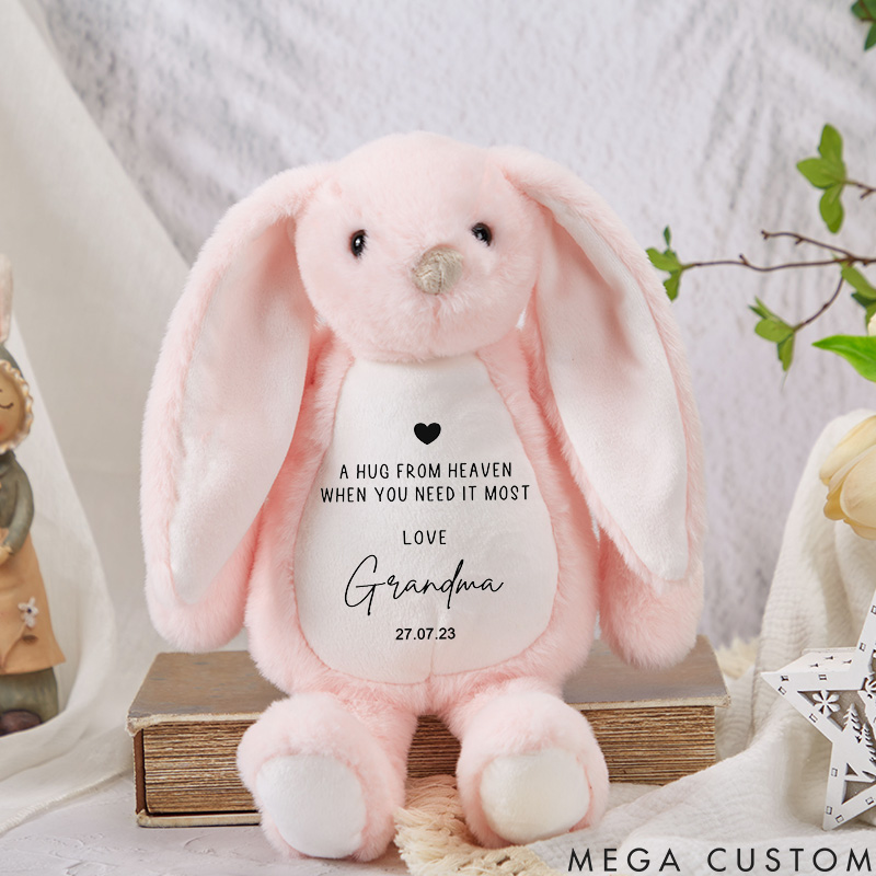 Personalized A Hug From Heaven Bunny Custom Name Memorial Plush Bunny Keepsake Announcement Newborn Gift Loss of Loved One Sympathy Gift 