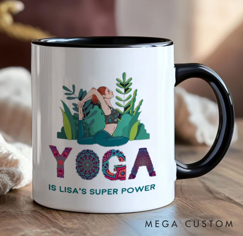Personalized Yoga Mug with Vibrant Yoga Poses and Natural Elements Custom Name Perfect Gift for Yoga Lover