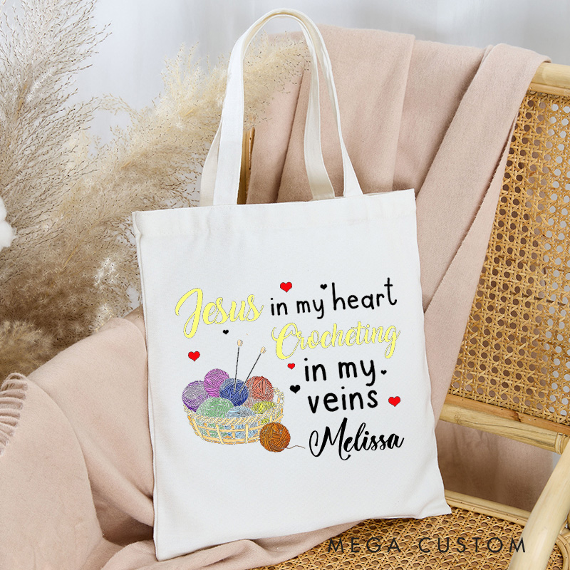 Personalized Jesus In My Heart Crocheting In My Veins Tote Bag Gift for Knitting Lovers