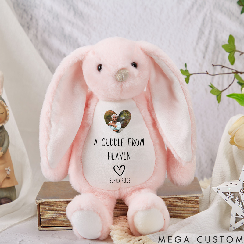 Personalized Memorial Bunny with Photo a Cuddle from Heaven Custom Name Bunny Rabbit Keepsake Newborn Gift Loss of Loved One Sympathy Gift 