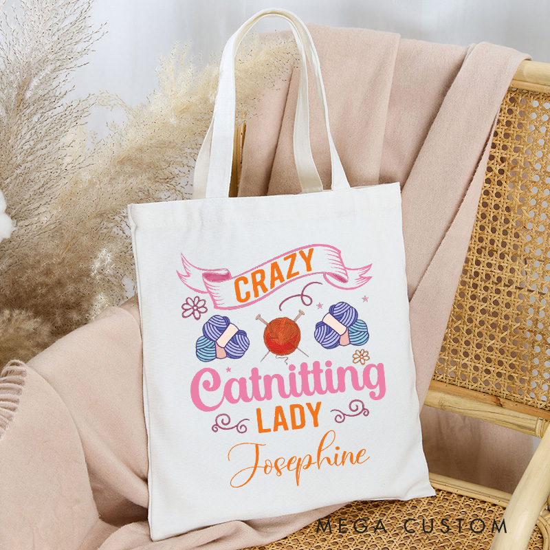 Personalized Crazy Catnitting Lady Tote Bag Crochet Yarn Lovers Gift for Knitting Enthusiasts