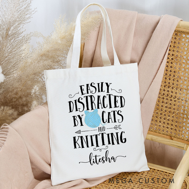 Personalized Easy Distracted By Cats And Knitting Tote Bag Gift for Cat Lovers and Knitting Enthusiasts