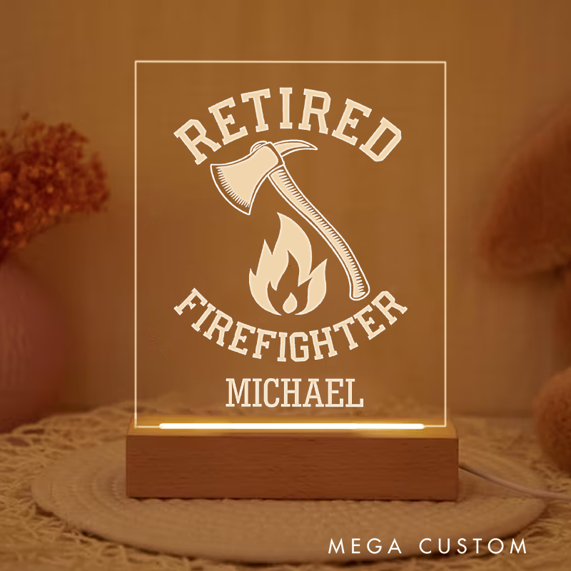 Personalized Firefighter Night Light With Retired Firefighter Design Custom LED Gift with Laser Engraved Acrylic and Wooden Base