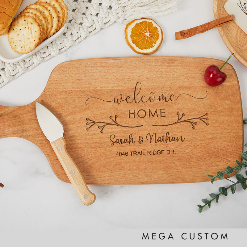 Personalized Custom Names Address Welcome Home Wooden Cutting Board for Housewarming Presents