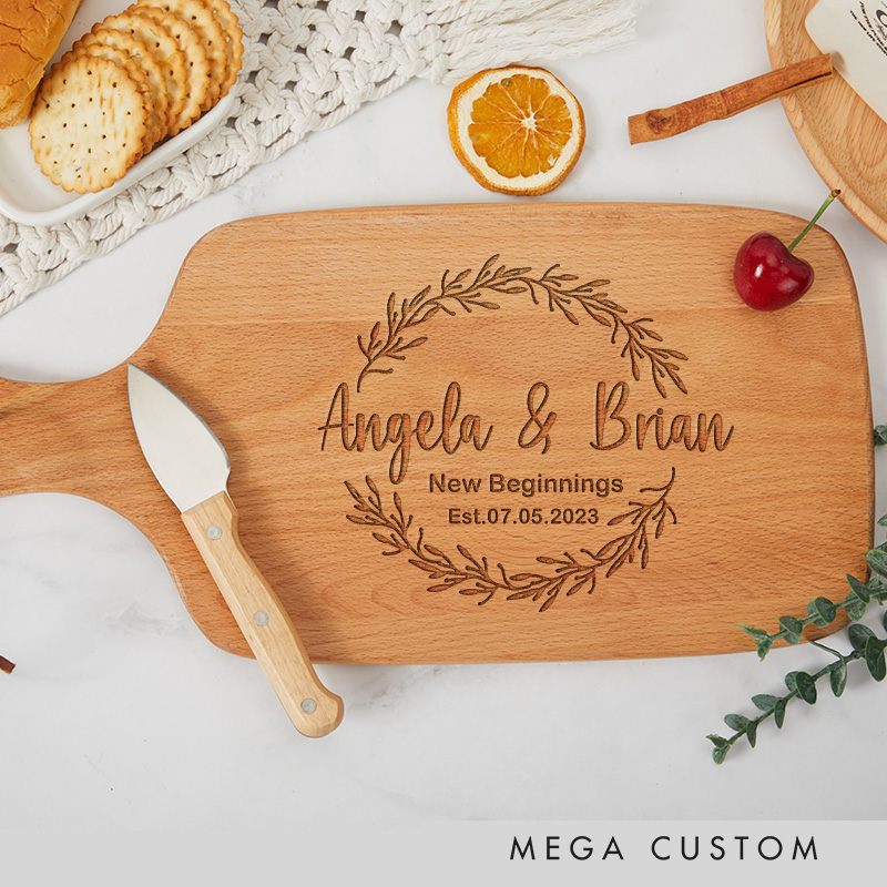 Personalized Laurel Wreath New Beginnings Wooden Cutting Board with Custom Names Date for Housewarming Gifts