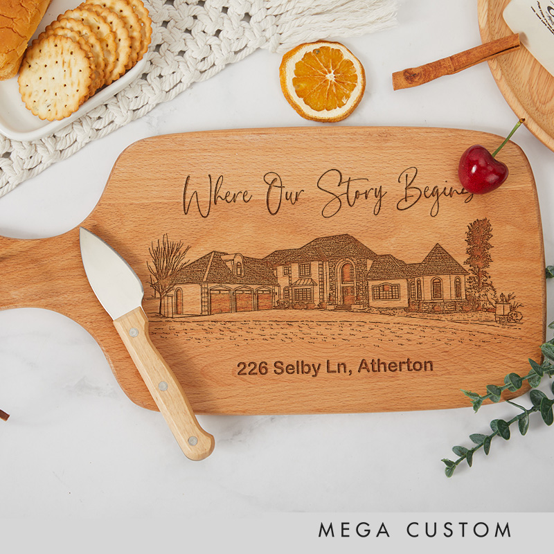 Personalized Hand Drawn Home Story Wooden Cutting Board with Custom Address for Housewarming Keepsake