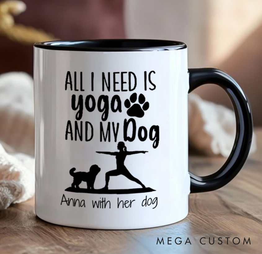 Personalized Yoga Mug with Yoga Pose Silhouettes and Cute Dog Patterns Custom Name Perfect Gift for Yoga Lover and Pet Lover