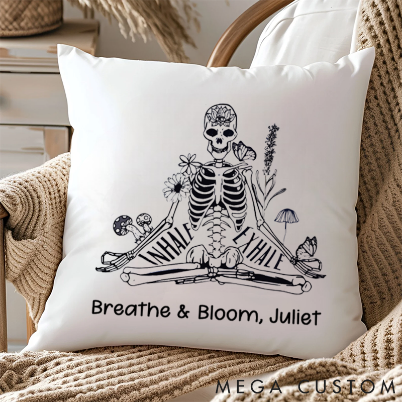 Personalized Skeleton Yoga Pillows with Inhale Exhale Design and Floral Accents Custom Name Yoga Pillows Gift Idea for Yoga Lover