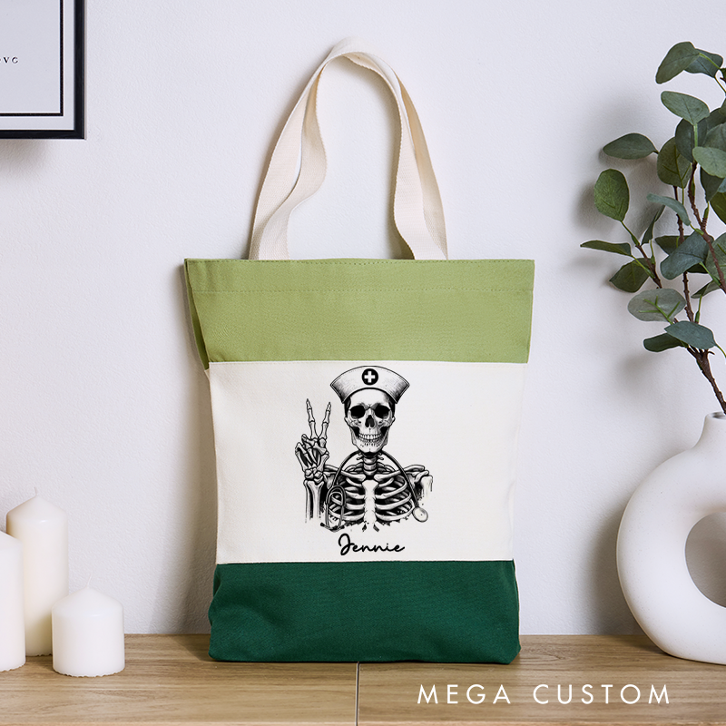Personalized Nurse Tri Color Canvas Tote Bag Skeleton Nurse with a Stethoscope Gift for Nurse