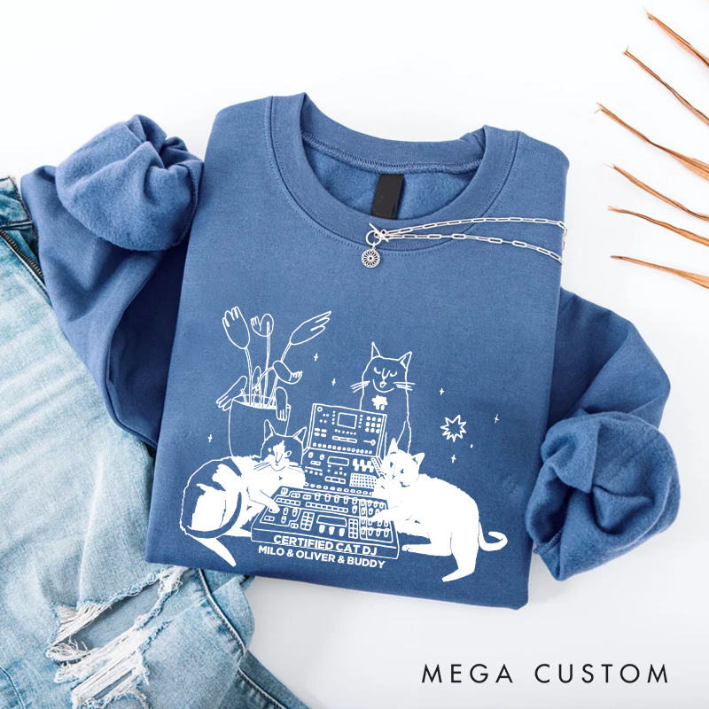 Personalized Classic Sweatshirts with Cat Sitting on Synthesizer and DJ Cat Illustration and Available in Multiple Colors