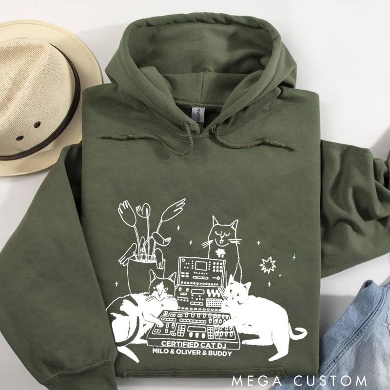 Personalized Classic Hoodies with Cat Sitting on Synthesizer and DJ Cat Illustration and Available in Multiple Colors