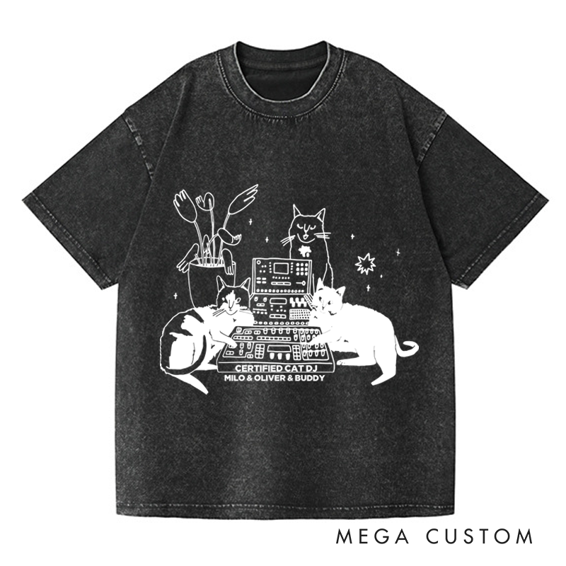 Personalized Washed T-Shirts with Cat Sitting on Synthesizer and DJ Cat Illustration and Available in Multiple Colors