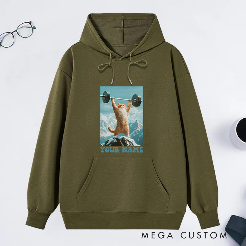 Personalized Fitness Classic Hoodies with Motivational Cat Lifting Barbell Design for Fitness Enthusiasts Bodybuilders and Gym Lovers