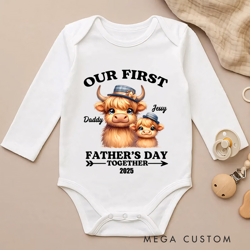 Personalized Highland Cow Dad and Baby Illustration for Our First Father's Day Together Baby Bodysuit