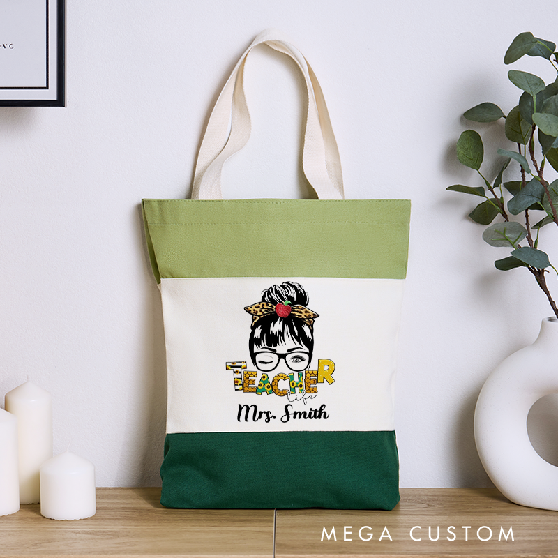 Personalized Teacher Tri Color Canvas Tote Bag Illustration of a Winking Teacher with Glasses Gift for Teachers
