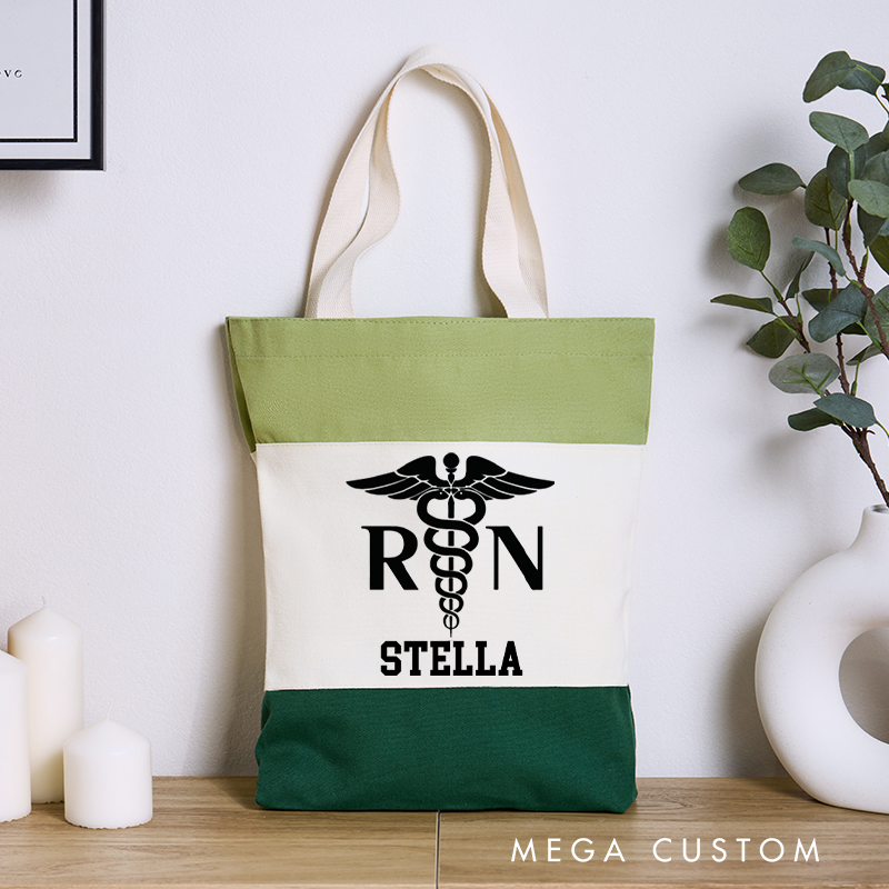 Personalized Nurse Tri Color Canvas Tote Bag RN Caduceus Symbol Tote Bag Appreciation Gift for Nurse