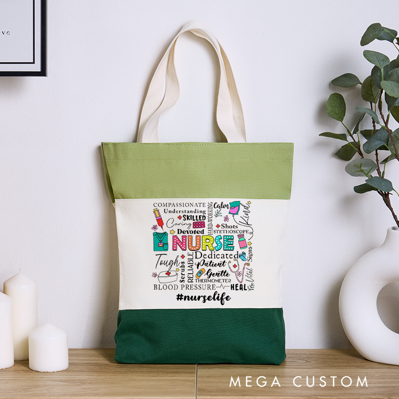 Personalized Nurse Tri Color Canvas Tote Bag Nursing Related Words and Illustrations Tote Bag Appreciation Gift for Nurse