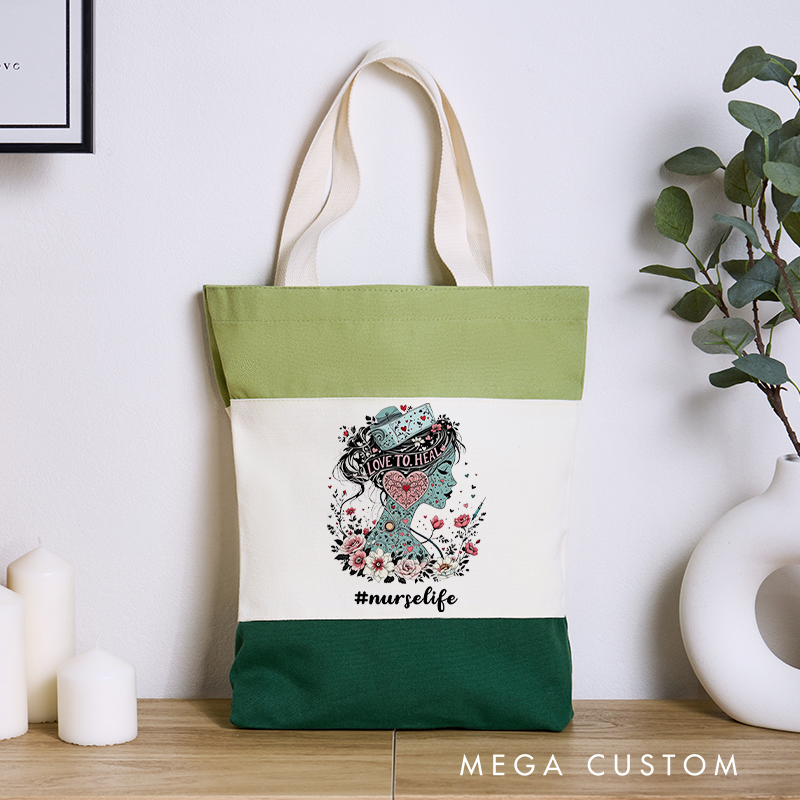 Personalized Nurse Tri Color Canvas Tote Bag Love to Heal Tote Bag Appreciation Gift for Nurse