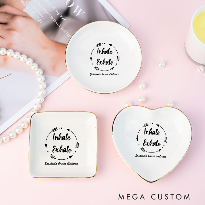 Personalized Ring Plate with "Breathe In and Out" Design Perfect for Home Decor, Jewelry Storage and Yoga Lover