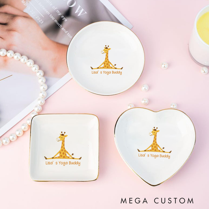 Personalized Ring Dishes with Cute Giraffe Yoga Design, Perfect for Yoga Lovers, Home Décor, Jewelry Storage, or Unique Gift