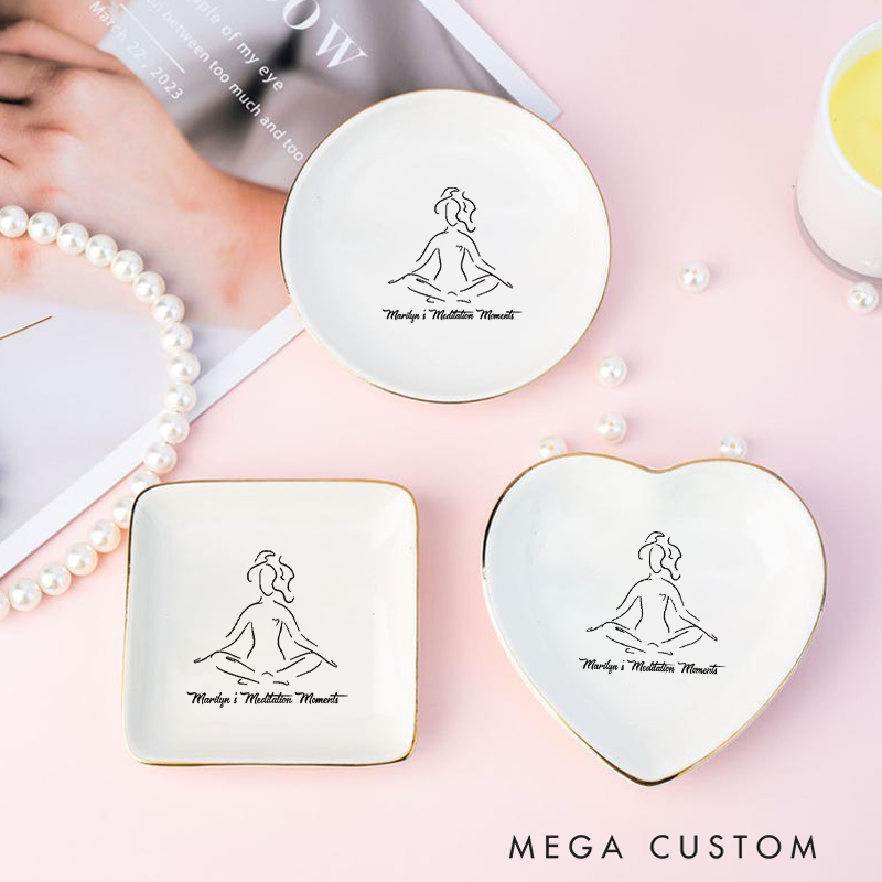 Personalized Ring Dishes with Elegant Meditation Design and Gold Trim Perfect for Yoga Lovers, Home Décor, Jewelry Storage, or Unique Gift