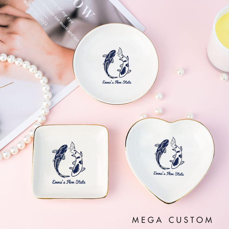Personalized Ring Dishes with Elegant Koi Fish Design and Gold Trim Perfect for Yoga Lovers, Home Décor, Jewelry Storage, or Unique Gift